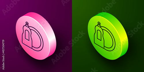 Isometric line Dishwashing liquid bottle and plate icon isolated on purple and green background. Liquid detergent for washing dishes. Circle button. Vector
