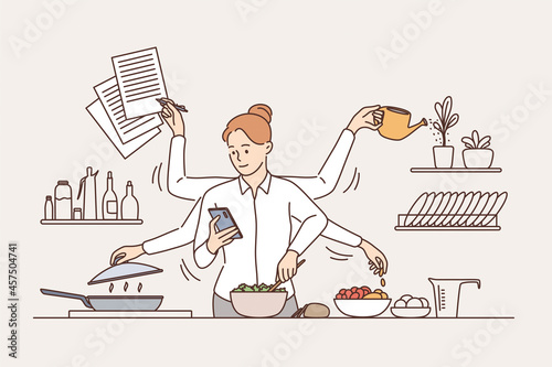 Multitasking and time management concept. Young smiling woman with six arms performing many tasks simultaneously in kitchen vector illustration 