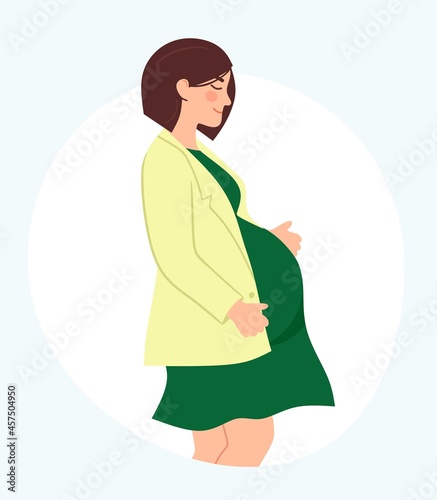 Pregnancy. A modern poster with a fashionable pregnant woman in a stylish green dress and jacket.