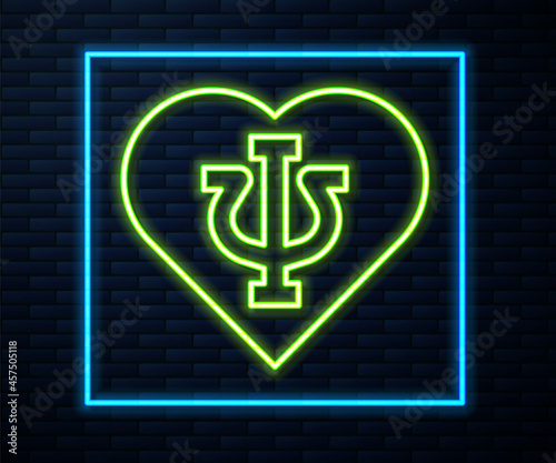 Glowing neon line Psychology icon isolated on brick wall background. Psi symbol. Mental health concept, psychoanalysis analysis and psychotherapy. Vector