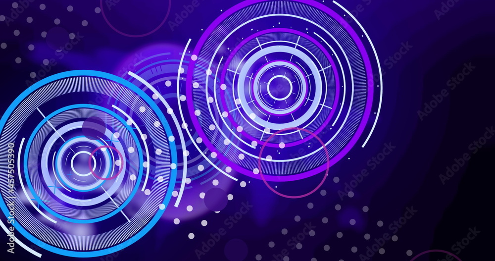 Digital image of spot of light over multiple neon round scanner spinning against blue background