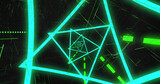 Image of blue neon triangular spiral and green dots and lines moving on black background