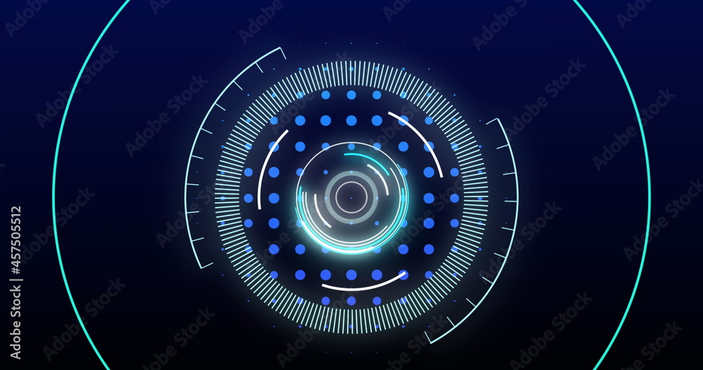 Digital image of neon round scanner spinning against mosaic squares on blue background