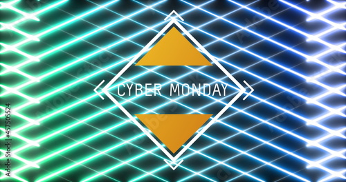 Image of cyber monday text in diamond shape frame over glowing green to blue mesh photo