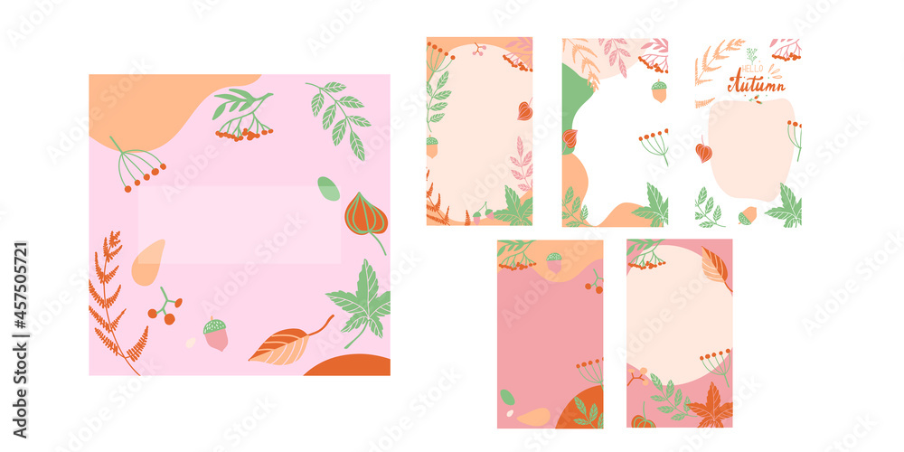 Trendy abstract square and vertical art templates with autumn botanical and organic shapes. Suitable for social media posts, mobile apps, banners design and web internet ads. Vector background