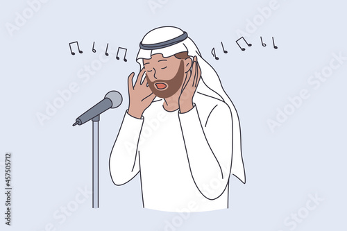 Muezzin and islamic culture concept. Man Person Reciter Calling for Pray Or Called Adhan singing religious song vector illustration 