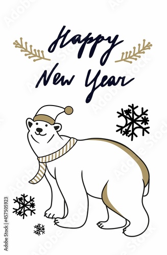Handmade Christmas cards with lettering, polar bear, stars. Fashionable postcards in black and gold color.