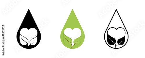 Creative water drop, heart and leaf icon set. Contains Symbols such as leaf, house and water drop. Vegan, healthy lifestyle logo design. Editable Stroke. Colored, silhouette and linear icon set.