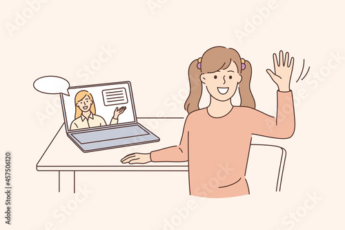 Online education and elearning concept. Happy cute little kid girl sitting at laptop waving hand doing home school with computer laptop e-learning and course vector illustration 