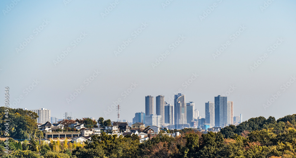 Obraz premium 生田緑地から見た武蔵小杉駅のビル群【神奈川県・川崎市】
