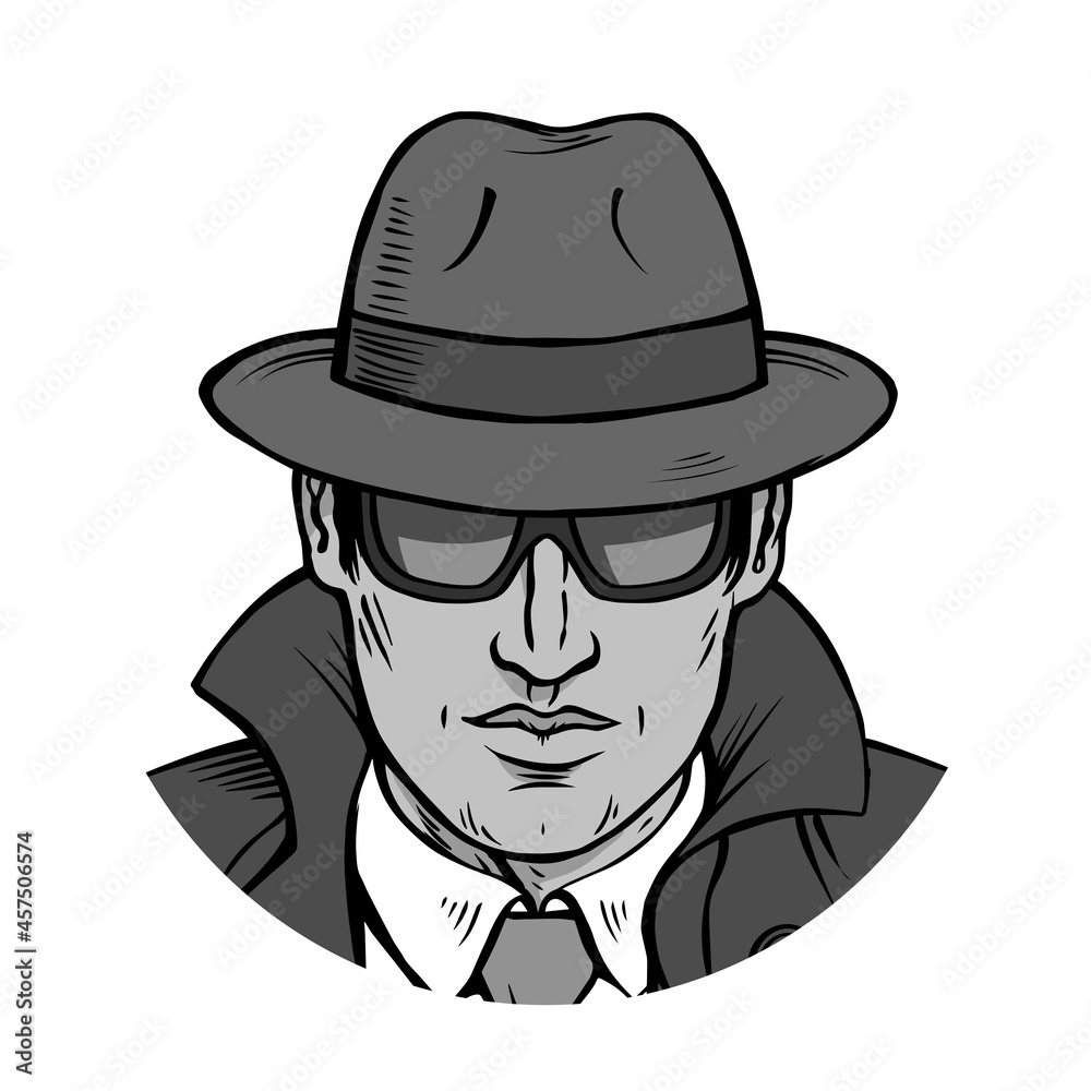 Man detective investigating. Dressed in a retro raincoat and hat. Wearing black glasses. Cartoon black and white illustration pop art. Hand drawn outline