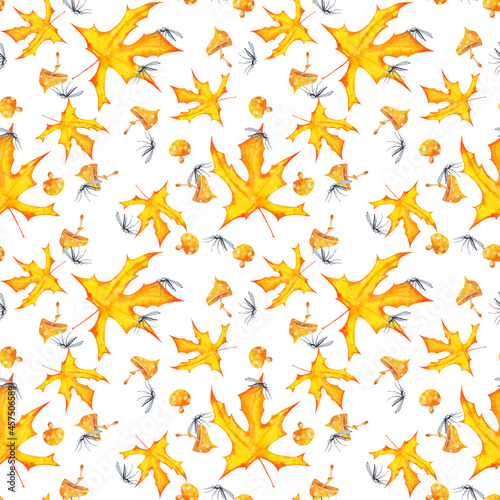 Decorative fall seamless pattern of yellow fantastic maple leaves, mushrooms and mosquitoes. Halloween abstract design. Watercolor hand painted isolated elements on white background.