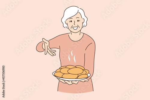 Treatment from grandmother and food concept. Smiling happy elderly woman Grandmother holding plate full of freshly baked pies cakes vector illustration 