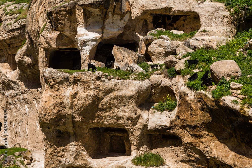 トルコ　水没前のハサンケイフのハサンケイフ城と洞窟住居