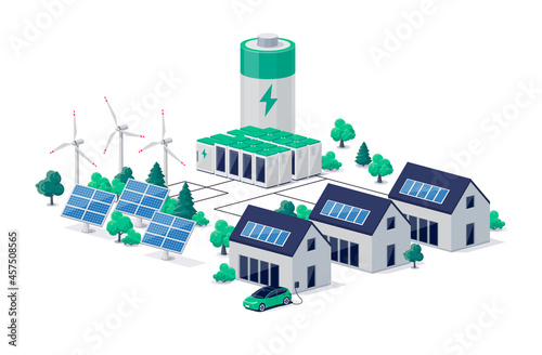 Smart grid virtual battery energy storage network with urban residence house buildings, solar panel plant, wind and li-ion electricity backup. Electric car charging on renewable power supply system.