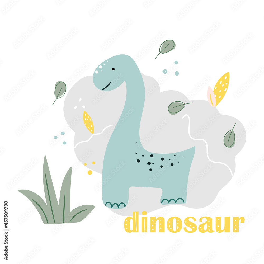 Vector illustration card with cute dinosaurs and leaf 
for fabric, textile, card, sticker, print in doodle style