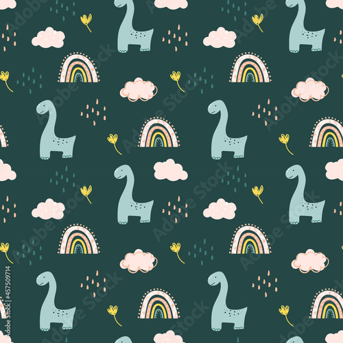 Seamless pattern with cute dinosaurs, rainbows and clouds on dark background. Vector for fabric, textile, nursery wallpaper