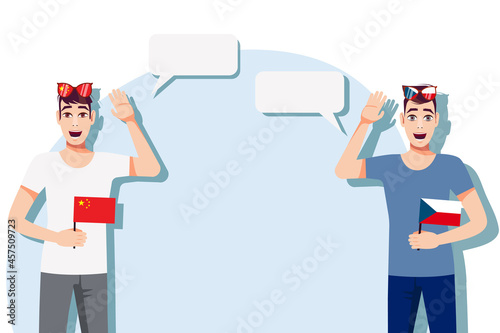 The concept of international communication, sports, education, business between China and Czech. Men with Chinese and Czech flags. Vector illustration.