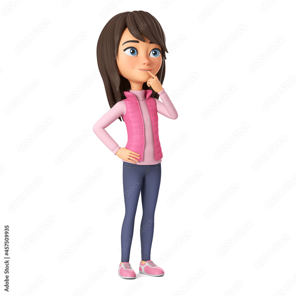 Character cartoon beautiful girl in a pink jacket thinks. 3d render illustration. Character cartoon beautiful girl in a pink jacket thinks. 3d render illustration.