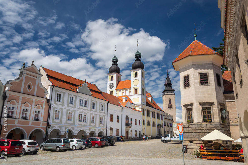 Telc cityscape in Czech republic, street view of the Church of the Name of Jesus