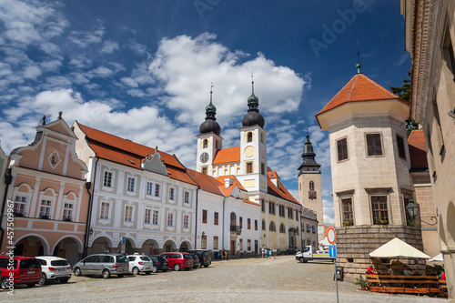 Telc cityscape in Czech republic, street view of the Church of the Name of Jesus