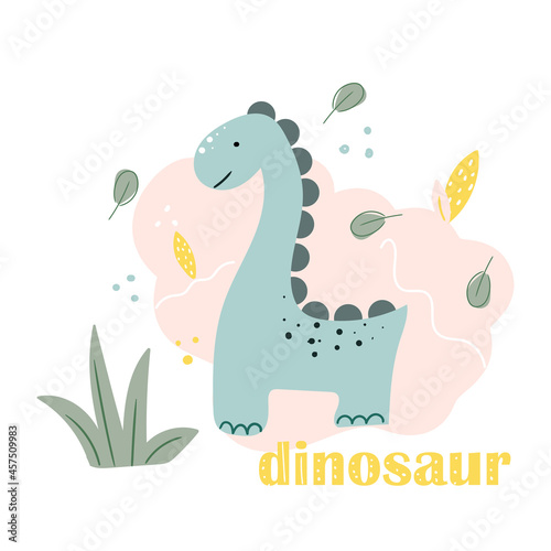 Vector illustration card with cute dinosaurs and leaf 
for fabric, textile, card, sticker, print in doodle style