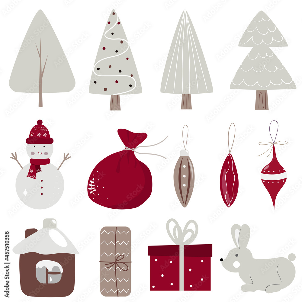 Set of christmas new year winter elements. Christmas tree, decorations, gift box, snowman, house, rabbit Set of christmas new year winter elements. Christmas tree, decorations, gift box, snowman, house, rabbit