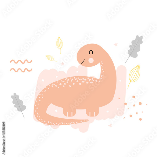 Vector illustration card with cute dinosaurs and leaf for fabric, textile, card, sticker, print in hand drawn doodle style