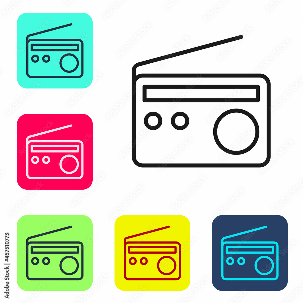 Black line Radio with antenna icon isolated on white background. Set icons in color square buttons. Vector Black line Radio with antenna icon isolated on white background. Set icons in color square buttons. Vector