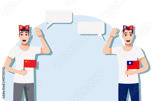 The concept of international communication, sports, education, business between China and Taiwan. Men with Chinese and Taiwan flags. Vector illustration.