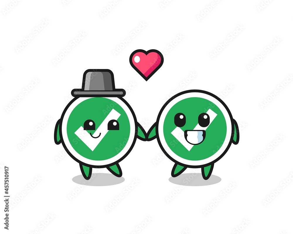 check mark cartoon character couple with fall in love gesture