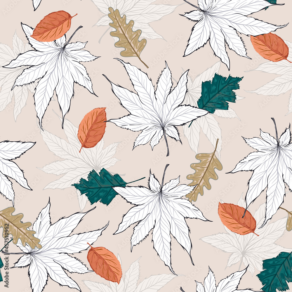 Autumn leaves seamless pattern illustration in vector EPS 10, with trendy pastel colour palette ,Design for fashion , fabric, textile, wallpaper, cover, web , wrapping