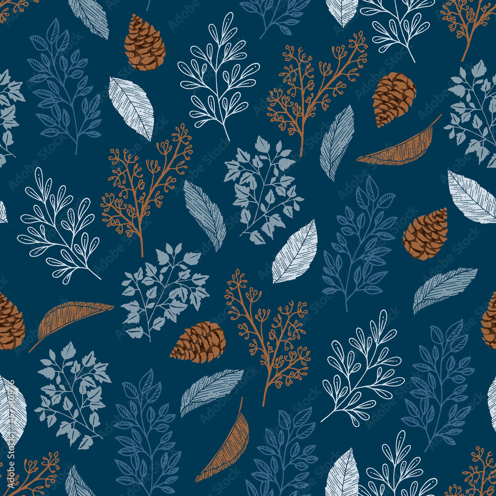 Fototapeta premium Seamless pattern with Autumn leaves and pine cone with line doodle hand drawn style .Vector illustration EPS10 ,Design for fashion , fabric, textile, wallpaper, cover, web , wrapping and all prints