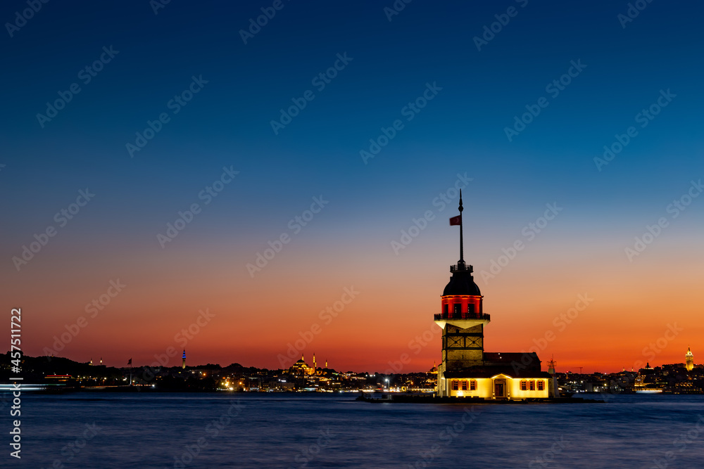 Evening over Bosphorus with famous Maiden's Tower. Istanbul, Turkey