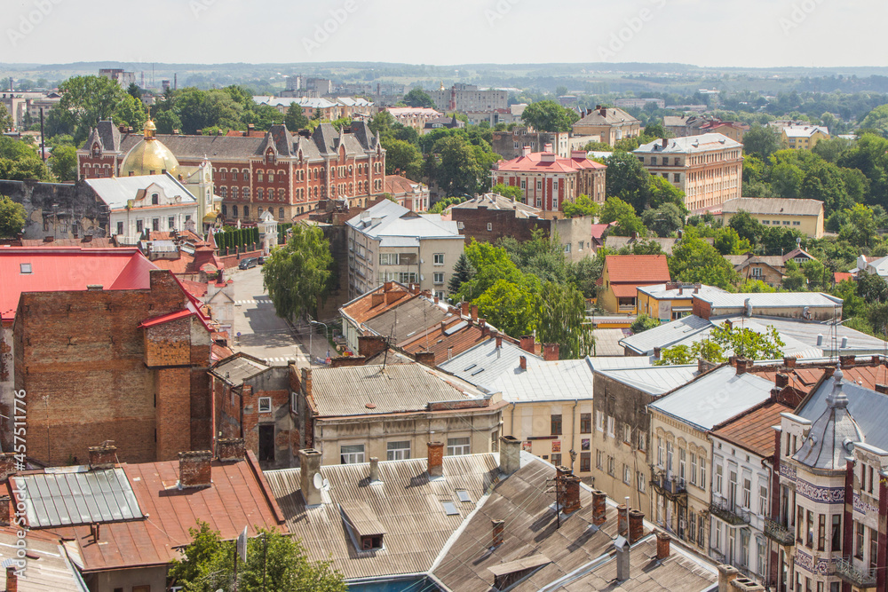 Aerial view of the roofs of houses in the center of Drohobych, Ukraine 