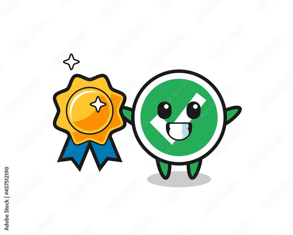 check mark mascot illustration holding a golden badge