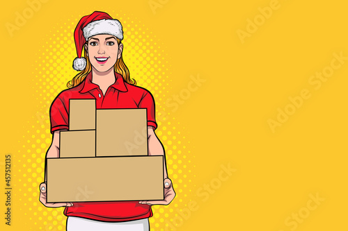 Courier woman in red santa claus Delivery service  holding boxes