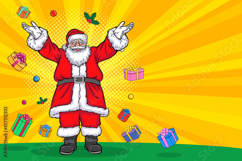 happy santa claus arms wide open and gifts