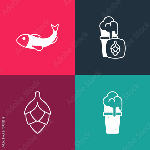 Set pop art Glass of beer, Hop, and Dried fish icon. Vector