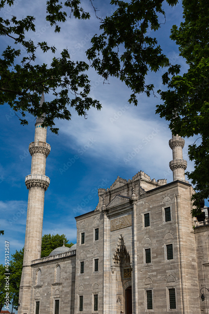 トルコ　イスタンブール歴史地域である旧市街のスレイマニエの丘に建つスレイマニエ・モスクのミナレットと門