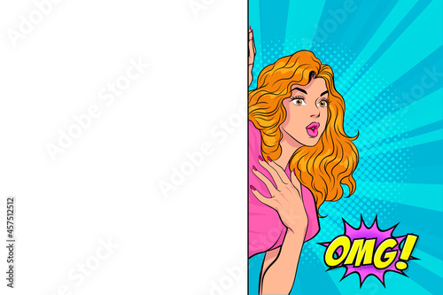 surprise woman is peeking behind a white board say OMG