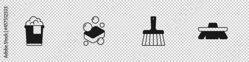 Set Bucket with foam, Bar of soap, Handle broom and Brush for cleaning icon. Vector