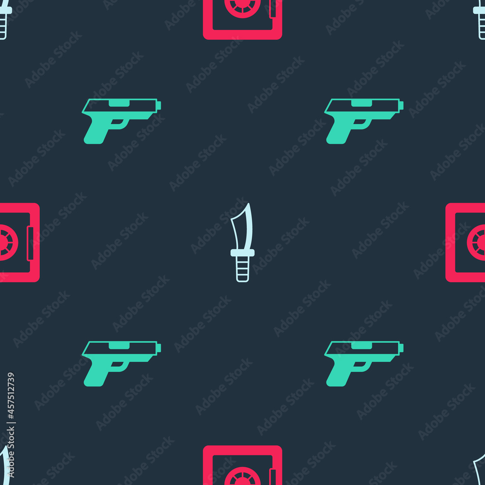 Set Safe, Military knife and Pistol or gun on seamless pattern. Vector Set Safe, Military knife and Pistol or gun on seamless pattern. Vector