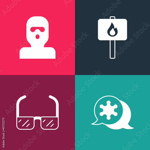 Set pop art Hexagram sheriff, Safety goggle glasses, Protest and Thief mask icon. Vector