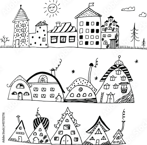Hand-drawn doodle house vector, Cartoon houses. Set of funny houses. Cozy detailed fairy-tale houses.