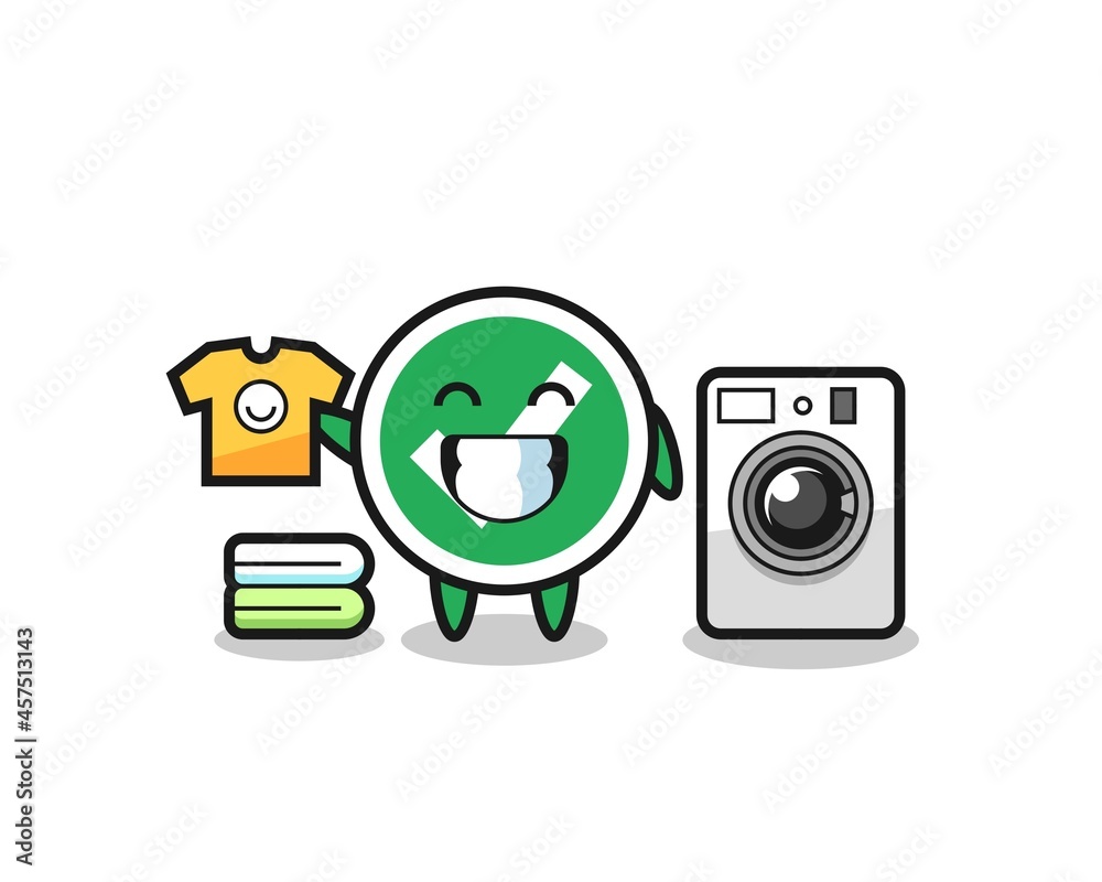 Mascot cartoon of check mark with washing machine