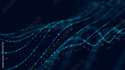 Blue wave conection dots and lines. Abstract technology background. Science background. Big data. 3d rendering. Network connection.