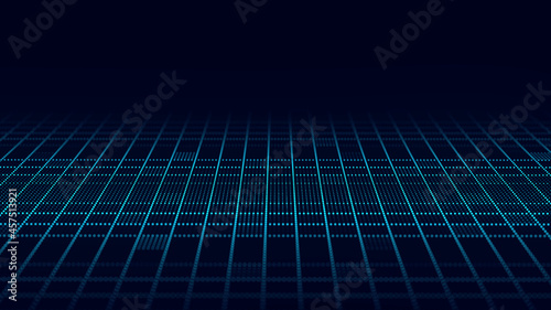 Grid on dark background. Abstract technology shape. 3d wireframe landscape. Perspective.