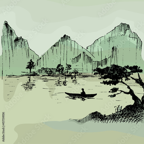 Fisherman on boat. Japan. Vintage hatching japanese landscape with mountains, lake