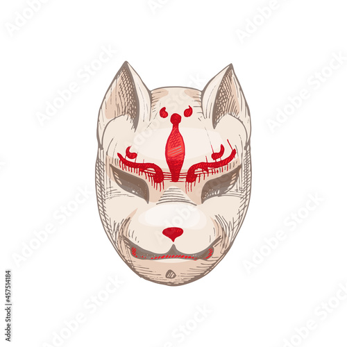 Japanese Kitsune fox mask. Vintage vector hatching